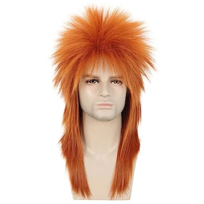 Abbildung von karlery Herren Damen Lang Gerade Orange 70er 80er Jahre Heavy Metal Rocker Perücke Männer Disco Vokuhila Mullet