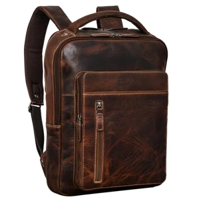 Abbildung von STILORD &#039;Tory&#039; Leder Rucksack Groß Herren Damen Business Vintage Laptoprucksack 13 14 Zoll Handgepäck Reiserucksack Travel Backpack Echtleder, Farbe:luino braun