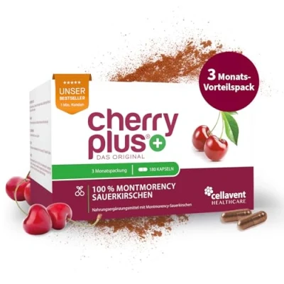 Abbildung von US Montmorency Sauerkirschen Kapseln hochdosierter Extrakt 55.000 mg pro Tagesdosis Cherry PLUS