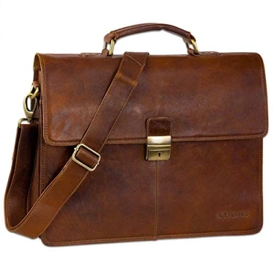 Abbildung von STILORD Vintage Aktentasche Herren Büro Business Schultertasche Laptoptasche mit Schloss groß echtes Rinds Leder braun