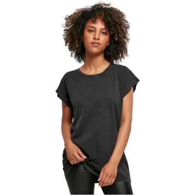 Abbildung von Build Your Brand Damen BY053 Ladies Acid Washed Extended Shoulder Tee T Shirt, Black, M