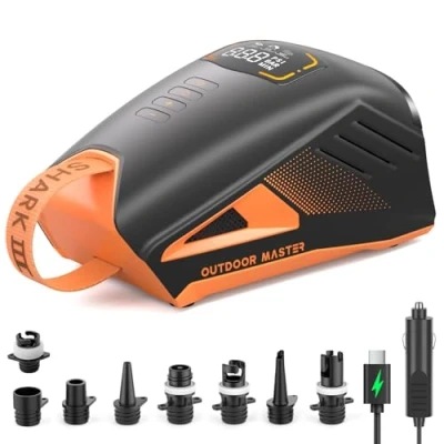 Abbildung von OutdoorMaster Shark 3 SUP Pumpe Elektrisch mit Akku 3&#039;50&quot; Schnelles Aufpumpen, 20PSI 74Wh Luftpumpe Auto Off &amp; Entleerung, 12V/15.8V DC Type C Input, 8 Düsen für Inflatables,Boote,Kites