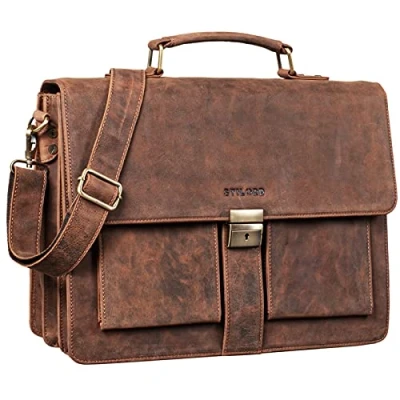 Abbildung von STILORD &#039;Eros&#039; Aktentasche Leder 15,6 Zoll Laptoptasche Business Umhängetasche Große Arbeitstasche XL Vintage Ledertasche mit Dreifachtrenner, Farbe:aneto braun