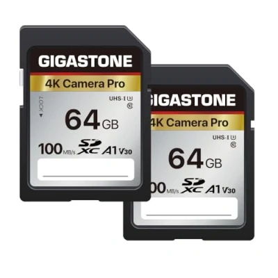 Abbildung von GIGASTONE 4K Kamera Pro 64GB SDXC Speicherkarte 2er Pack mit bis zu 100 MB/Sek. für Digitalkameras Canon Sony Nikon Olympus, UHD Videoaufnahmen UHS I U3 V30 Klasse 10