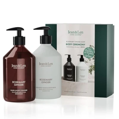 Abbildung von Jean &amp; Len Body Ceremony Rosemary Ginger, mit Hand Cleanser und Balm, hochwertige Geschenkbox, krautig frischer Duft, Verpackung ist FSC zertifiziert, Geschenkset