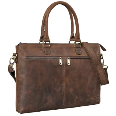 Abbildung von STILORD &#039;Bailey&#039; Business Laptoptasche Leder 15 Zoll Groß für Arbeit Büro Meeting Vintage Notebooktasche Umhängetasche Trolley Aufsteckbar, Farbe:zamora braun