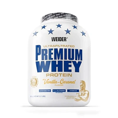 Abbildung von Weider Premium Whey Protein Pulver, unverschämt leckeres Eiweißpulver mit Isolat für Muskelaufbau hohem Anteil an EAA, BCAA und freiem L Glutamin, perfekte Löslichkeit, Vanilla Karamel, 2,3kg