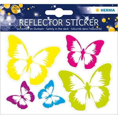 Abbildung von HERMA 19192 Reflektor Aufkleber Schmetterlinge, 5 Stück, selbstklebende Kinder Sticker für Fahrrad Helm Schulranzen Rollator Auto Koffer Kinderzimmer, Motiv Leuchtaufkleber Leuchtsticker Set