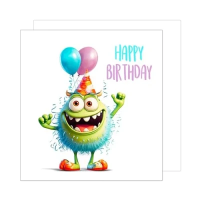 Abbildung von Edition Seidel Premium quadratische Geburtstagskarte mit Umschlag. Glückwunschkarte Happy Birthday Billet Karte Kinder Mann Frau Monster Ballons Lustige Party (GQ192 SW024)
