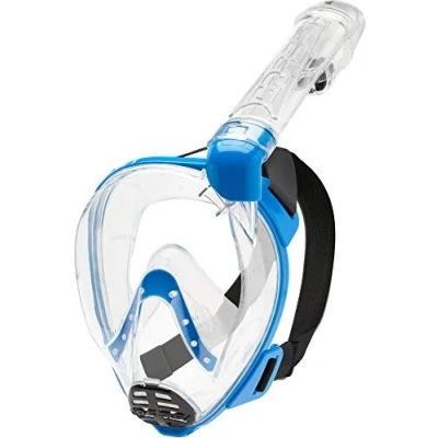 Abbildung von Cressi Baron Full Face Mask, Vollgesichtsmaske zum Anti Fog Schnorcheln, Komfortgesicht, Auslassventil und trockenes Mundstück, erhältlich für Erwachsene Kinder, Transparent/Blau, M/L