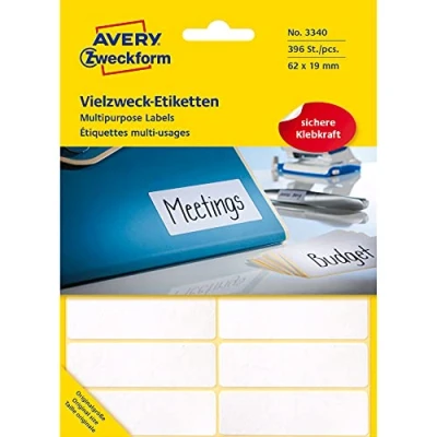 Abbildung von Avery Zweckform 3340 Haushaltsetiketten selbstklebend (62 x 19 mm, 396 Aufkleber auf 33 Bogen, Vielzweck Etiketten für Haushalt, Schule und Büro zum Beschriften Kennzeichnen) blanko, weiß