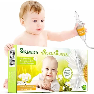 Abbildung von Nasensauger Baby. ORIGINAL Airmed&#039;s Nasensauger. KLINISCH GETESTET, SICHER und SANFT. Baby mit 2 Saugköpfen &amp; Gratis Reinigungsbürste. für jeden Staubsauger. Nasensekretsauger