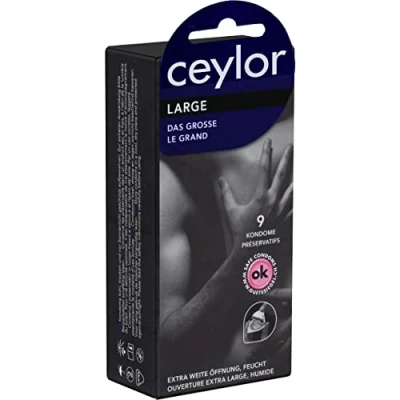 Abbildung von Ceylor Large 9 extraweite Kondome mit Gleitcreme, verpackt im hygienischen&quot;Dösli&quot;, einfach zu öffnen, schnelleres Überziehen, Premium Qualität