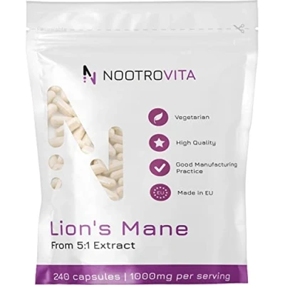Abbildung von Lions Mane Mushroom 240 Kapseln Löwenmähne Pilz 4 Monate! Premium Dual Extrakt Aus Fruchtkörper 1000mg Heilpilz Hericium Erinaceus Vegan, Keine Künstlichen Füllstoffe Nootrovita