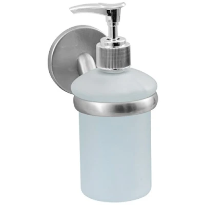Abbildung von Fackelmann Seifenspender FUSION, Behälter für Flüssigseife, Seifenbevorrater mit vernickelter Wandhalterung (Farbe: Silber/Milchig), Menge: 1 Stück, Edelstahloptik