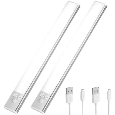 Abbildung von OUSFOT Schrankbeleuchtung LED mit Bewegungsmelder 30cm [2 Stück] kabellos Schrankleuchte USB Wiederaufladbar Unterbauleuchte Schranklicht für Treppen, Schlafzimmer, Kleiderschrank Silber