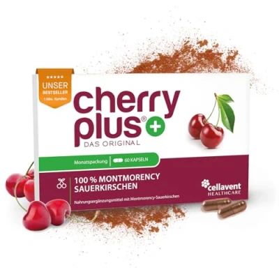 Abbildung von US Montmorency Sauerkirschen Kapseln hochdosierter Extrakt 55.000 mg pro Tagesdosis Cherry PLUS