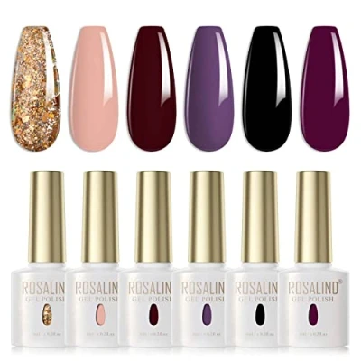 Abbildung von ROSALIND UV Nagellack 6 Farben Nude Dunkelrot Dunkellila Dunkelgrün Glitter Gold Gel Set Farbgel Für Gelnägel Soak Off LED Nail Polish Lampe Salon Design Kit