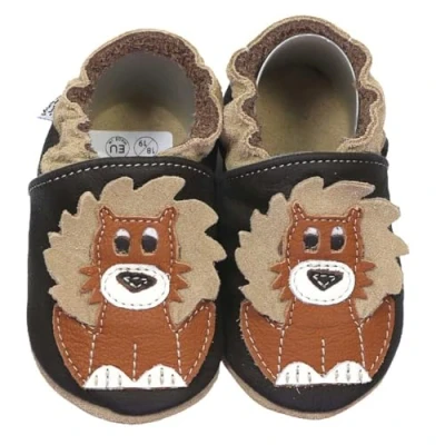 Abbildung von HOBEA Germany Krabbelschuhe für Jungs und Mädchen in verschiedenen Designs, Kinderhausschuhe Jungen, Lederschuhe, Schuhgröße: 18/19, Modell Schuhe: Löwe Dunkelbraun