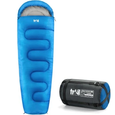 Abbildung von Trail 1 Personen Schlafsack für Erwachsene 3 Jahreszeiten, Outdoor Frühling Herbst Winter 300 GSM Camping im Freien Innentaschen Leichter Kompressionssack Blau