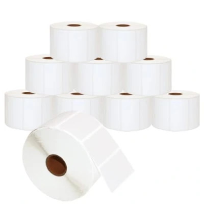 Abbildung von 10 Rollen DOREE White Direct Thermal Labels 57 x 32 mm, für Zebra GK420D, GX420D, GK420T Thermodruck, 1500 Etiketten pro Rolle, Kern 25 Schwarz auf Weiß