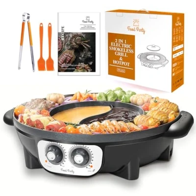 Abbildung von Food Party Hot Pot und Tischgrill Elektrisch Hotpot Topf Elektrogrill 220V 2200W 2 in 1 Electric Indoor Korean BBQ Grill Thai Barbecue Fondue Raclette XXL für 8 Personen