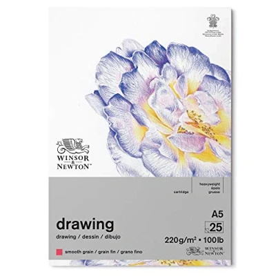 Abbildung von Winsor &amp; Newton 6689740 Zeichenpapier im Block 25 Blatt A5, 220g/m²,feine Körnung, natürliches Weiß, säurefrei in archivierbarer Qualität, Alterungsbeständig für Fineliner, Tusche, Buntstift