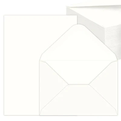 Abbildung von 50 Sets Briefpapier mit Umschlag, Briefumschläge Kraftpapier und Blanko Karten zum Selbstgestalten für DIY, Einladungen, Grußkarten, Dankeskarten, DIN C6/A5, Weiße