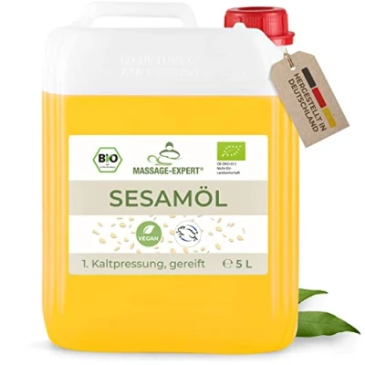 Abbildung von MASSAGE EXPERT Sesamöl Bio kaltgepresst Gereiftes Basisöl für Massage, Ayurveda, Hautpflege und Haarpflege [5 Liter Kanister]