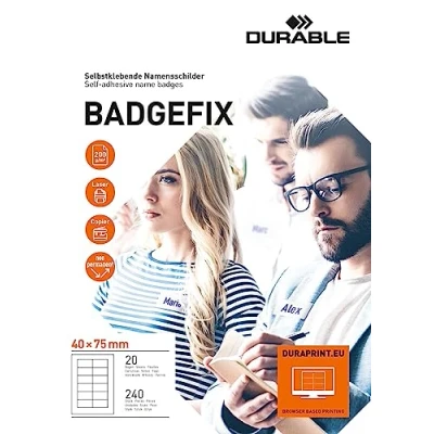 Abbildung von Durable Selbstklebe Namensschild Badgefix, 40 x 75 mm, weiß, 240 Stück auf 20 Bg., 833402