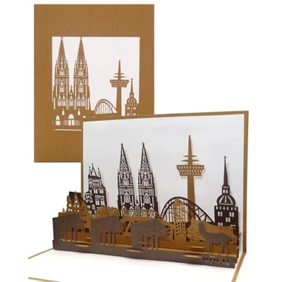 Abbildung von Pop Up Karte Kölner Skyline Köln Panorama Geburtstagskarte, Einladungskarte &amp; Gutscheinkarte als Reisegutschein, Einladung, Geschenkgutschein aus Spezialpapier mit Holzmaserung