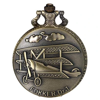 Abbildung von JewelryWe Herren Taschenuhr Retro 3D Flugzeuge Fokker Dr.1 Skulptur Steampunk Quarz Analog Uhr mit Kette Halskette Bronze Geschenk