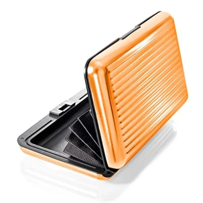 Abbildung von VALLET® Kreditkartenetui aus Aluminium für Damen und Herren blockiert RFID NFC Kreditkarten Personalausweis EC Karten kartenetui kartenhülle portmonee geldbörse (orange)