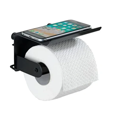 Abbildung von WENKO Toilettenpapierhalter Mit Ablage Classic Plus Black, Rollenhalter Ablage, Rostschutz, 14 x 10 cm, Schwarz