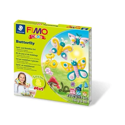 Abbildung von Staedtler 8034 10 LY Fimo kids form&amp;play Set Butterfly (superweiche, ofenhärtende Knete, kinderleichte Anleitung, wiederverschließbare Box, mit 4 Blöcken, 1 Modellierstab und Spielkulisse)
