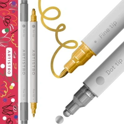 Abbildung von Artistro 2 Gold &amp; Silver Acrylic Paint Pens, Markers Dual Tip (Fine 1mm + Dot 5mm), for Fabric, Canvas, Rock, Glass, Wood, Paper, DYI, Kids and Adults