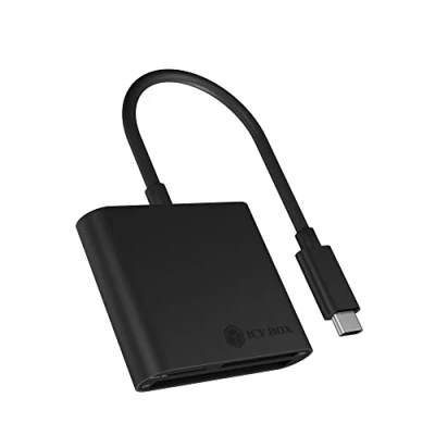 Abbildung von ICY BOX 60649 SD Card Reader mit USB C, 3 Kartenleser für SD, micro oder CF, integriertes Kabel, Aluminium, Schwarz