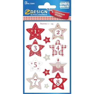 Abbildung von AVERY Zweckform Adventskalender Zahlen 24 Sterne (Made in Germany, Aufkleber Weihnachten, Papier, selbstklebend, Sternenzahlen, Adventskalender, Adventszahlen Nr. 1 24, Weihnachtskalender) 52890