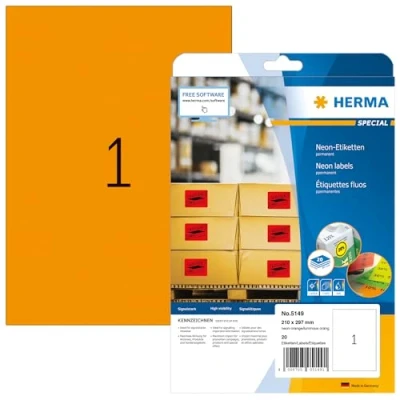 Abbildung von HERMA 5149 Farbige Etiketten Neon orange, 640 Blatt, 210 x 297 mm, 1 pro A4 Bogen, Stück, selbstklebend, bedruckbar, matt, blanko Papier Farbaufkleber