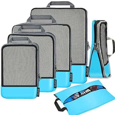 Abbildung von Eono Komprimierbaren Packwürfeln zur Organisation Ihres Reisegepäcks, Compression Packing Cube, Packtaschen Set und Gepäck Organizer für Rucksack Koffer Blau, 6 teilig