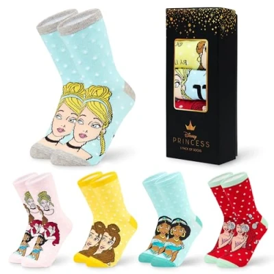 Abbildung von Disney Damen Socken, bunte warme Strümpfe mit Motiv, Geschenke für Frauen, Teenies, 5er Pack (Mehrfarbig Prinzessin)