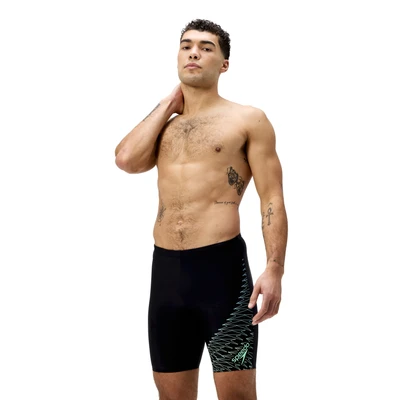 Abbildung von Speedo Herren Gala Lagenschwimmhose mit Logo Schwimmtraining Hochentwickeltes Material Sportliches Design Schwimmbekleidung, Schwarz/Alfalfa Green, 32