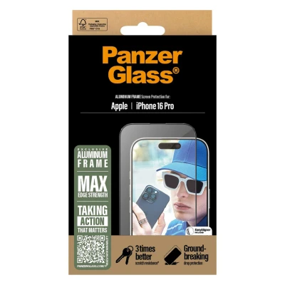 Abbildung von Apple iPhone 16 Pro Panzerglas PanzerGlass Screenprotector Aluminium Frame Screen Protector Aluminiumrahmen Ultra Wide Fit mit Applikator für das
