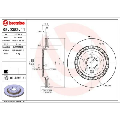 Abbildung von BREMBO 09.D393.11 Bremsscheibe 302 22 5 innenbelüftet beschichtet hochgekohlt VOLVO: V60 I, S60 II, S80 II