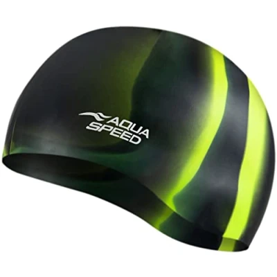 Abbildung von Aqua Speed Bunt Badekappe + Kleines Mikrofaserhandtuch Damen &amp; Herren Bademütze Silikon bunte Badehüte für Kinder Erwachsene wasserdichte Schwimmhaube Badehaube, Kappen Designs:67. / 34