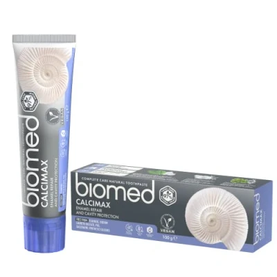 Abbildung von BIOMED Calcimax regenerierende und zahnschmelzstärkende Zahnpasta für empfindliche Zähne fluoridfreie 97% natürliche, beruhigende Zahncreme in einer 100g Packung