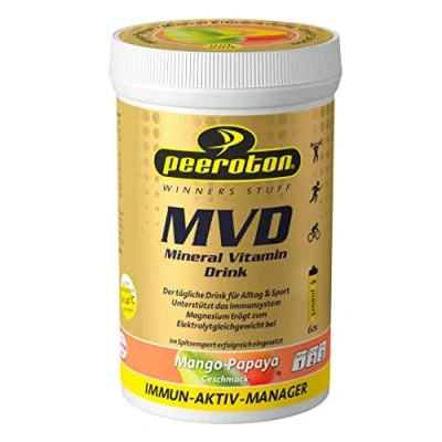 Abbildung von Peeroton MVD Mineral Vitamin Drink Mango Papaya, Elektrolyt Pulver mit den 5 wesentlichen Elektrolyten plus Zink, Magnesium und C regelmäßig einnehmen das Immunsystem stärken, 300g