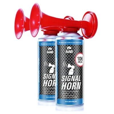 Abbildung von 2x AAB Signal Horn, 106 dB(A) Mit Nicht Brennbarem Gas, Bis Zu 120 Kurze Pieptöne, Laut Fanfare, Luftdruckhupe, Gas Pressure, Stadion Tröte, Fußball GasHorn, Druckluft Fanfaren, Boot, Auto