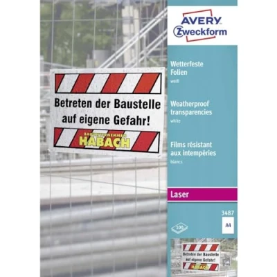 Abbildung von AVERY Zweckform 3487 Wetterfeste Folien, extrem strapazierfähig (A4, 210x297 mm, 100 Folien auf Bogen, bedruckbar,stapelverarbeitbar, zur Kennzeichnung im Innen und Außenbereich) weiß