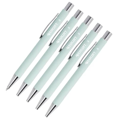 Abbildung von Westcott PRIMESOFT Kugelschreiber 5 Stück 5er Set Mintfarbene Premium aus Aluminium Dokumentenecht mit blauer Tinte Strichstärke XB 1,4 mm E 745003 00